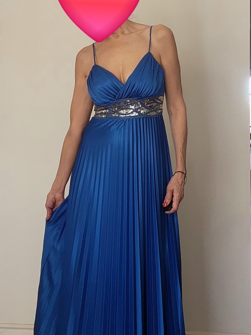 STEPPIN' OUT Blue Pleated Maxi Dress with Sequin Waist